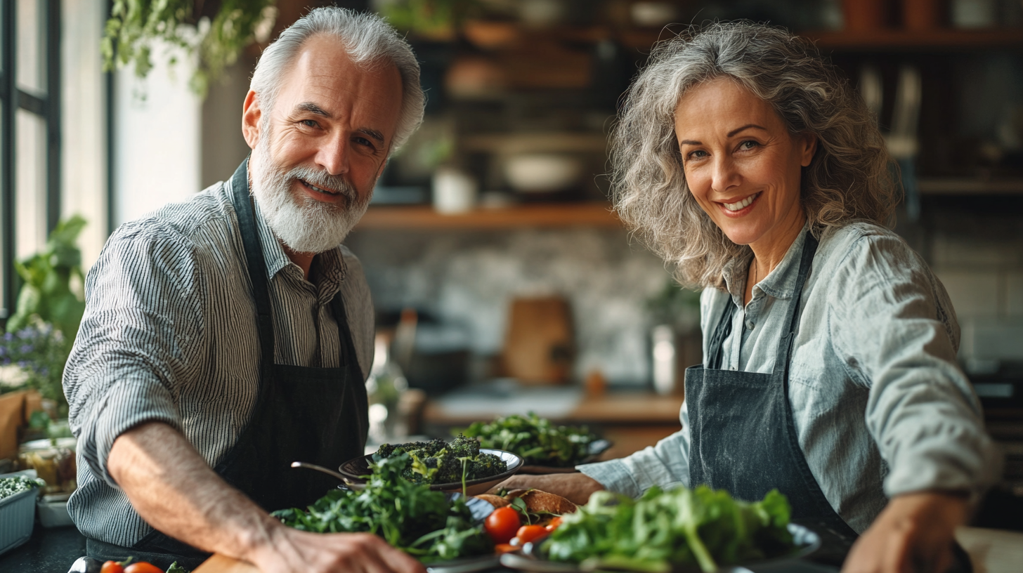 Щаслива пара старшого віку готує здорову їжу разом на кухні